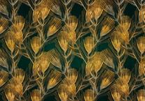 Fototapete Artgeist Golden Peacock Feathers - Solid Background With Bird Pattern On Green Background, 140 cm x 140 cm