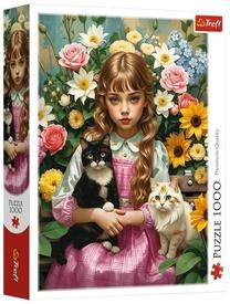 Puzle Trefl Girl with Cats, 68 cm x 48 cm, 1000 gab.