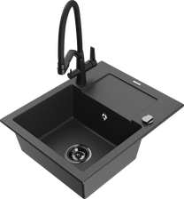 Кухонный умывальник с кухонным смесителем Mexen Enzo Black granite+Black, гранит, 57 см x 46 см x 17.4 см, black granite+black цв.