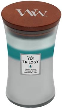 Свеча, ароматическая WoodWick Trilogy Icy Woodland 1720898E, 110 - 120 час, 610 г, синий цв./белый цв./зеленый цв.