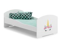 Vaikiška lova ADRK Pepe Unicorn, balta sp./rožinė sp./įvairių spalvų, 70 x 140 cm, be patalynės dėžės, su čiužiniu