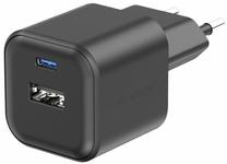 Kelioninis įkroviklis Swissten Travel GaN, USB Type C/USB Type A, 3.6 cm, juoda sp., 35 W