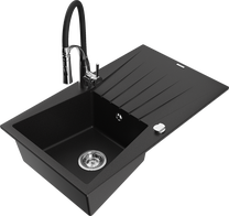 Кухонный умывальник с кухонным смесителем Mexen Cesar Black+Black/Chrome, гранит, 77 см x 47 см x 20 см, черный цв./хромовый цв.