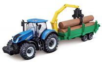 Игрушечный трактор Bburago New Holland T7.315 Farm Tractor With Tree Forwarder 18-31655, синий цв./многоцветный