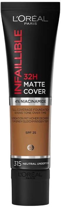 Skystas makiažo pagrindas L’Oréal Paris Infallible 32H Matte Cover, SPF 25, 315 neutral undertone, 30 ml