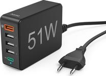 Telefono įkroviklis Hama, 1x USB Type-C/3 x USB Type-A/1 x QC 3.0, 120 cm, juoda sp., 51 W