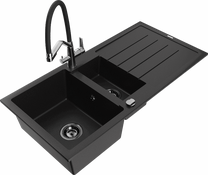 Кухонный умывальник с кухонным смесителем Mexen Andres Black+Black/Chrome, гранит, 100 см x 50 см x 20 см, черный цв./хромовый цв.