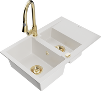 Кухонный умывальник с кухонным смесителем Mexen Gaspar White+Gold, гранит, 73 см x 47 см x 17.7 см, золотой цв./белый цв.
