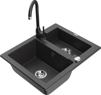 Virtuves izlietne Mexen Carlos 6518581500-76+670200-70, granīts, 58 cm x 47 cm x 17.7 cm, black granite+black krās.