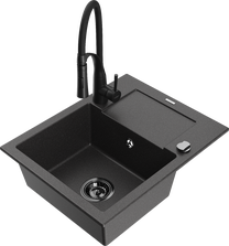 Virtuves izlietne ar virtuves maisītāju Mexen Enzo Black granite+Black, granīts, 57 cm x 46 cm x 17.4 cm, black granite+black krās.