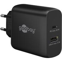 Telefona lādētājs Goobay Dual Quick Charger, USB Type C/USB Type A, 5.6 cm, melna krās., 45 W