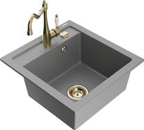 Plautuvė su virtuviniu maišytuvu Mexen Vito Grey+Gold, granitas, 49 cm x 52 cm x 21 cm, aukso sp./pilka sp.