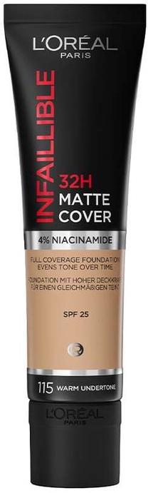 Skystas makiažo pagrindas L’Oréal Paris Infallible 32H Matte Cover, SPF 25, 115 warm undertone, 30 ml