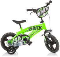 Vaikiškas dviratukas su papildomais ratukais, vaikų Dino Bikes BMX, juoda sp./žalia sp./pilka sp., 12"