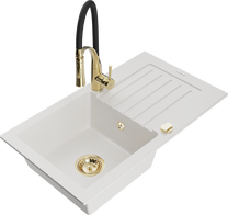 Кухонный умывальник с кухонным смесителем Mexen Pablo White+Black/Gold, гранит, 75 см x 43 см x 16.1 см, white+black/gold цв.