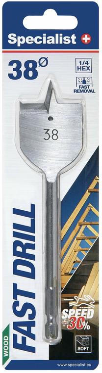 Plunksninis medienos grąžtas Specialist+ Fast Drill, medienai, plunksninis, hex, 38 mm x 15 cm