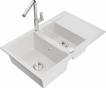Кухонный умывальник с кухонным смесителем Mexen Gaspar White+Chrome, гранит, 73 см x 47 см x 17.7 см, белый цв./хромовый цв.