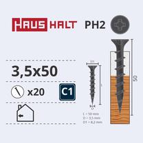 Koka skrūve, gk plāksnes Haushalt PH2, 3.5 x 50 mm, pelēka krās., 20 gab.