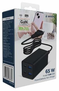 Telefono įkroviklis Gembird GaN PowerDelivery, 2 x USB Type C /2 x USB Type A, 7.5 cm, juoda sp., 65 W