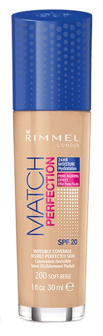 Šķidrā grima bāze Rimmel London Match Perfection SPF20, SPF 20, 200 soft beige, 30 ml