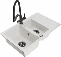 Кухонный умывальник с кухонным смесителем Mexen Gaspar White+Black, гранит, 73 см x 47 см x 17.7 см, белый цв./черный цв.