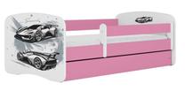 Vaikiška lova Kocot Kids Sports Car, balta sp./rožinė sp., 70 x 140 cm, be patalynės dėžės, su čiužiniu