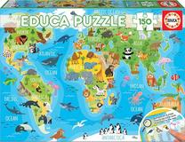 Pusle Educa Animals World Map, 34 cm x 48 cm, 150 tk, mitmevärviline
