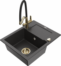 Кухонный умывальник с кухонным смесителем Mexen Enzo Black granite+Black/Gold, гранит, 57 см x 46 см x 17.4 см, black granite+black/gold цв.