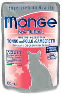 Mitrā kaķu barība Monge Natural Tuna With Chicken & Shrimps Adult, vistas gaļa/jūras veltes/tunzivis, 0.08 kg