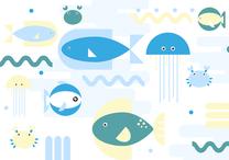 Fototapete Artgeist Animals In The Sea - Geometric Blue Fish In Water For Kids, 105 cm x 150 cm