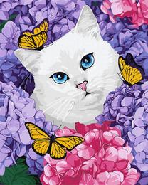 Glezna pēc numuriem Ideyka Snow White Kitten, balta krās.