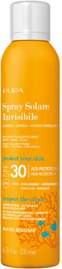 Purškiklis įdegio priežiūrai kūnui/plaukams/galvos odai Pupa Solare Invisible SPF30, 200 ml