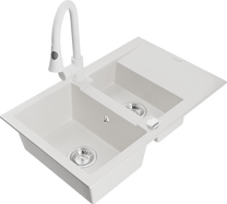Кухонный умывальник с кухонным смесителем Mexen Gaspar White, гранит, 73 см x 47 см x 17.7 см, белый цв.