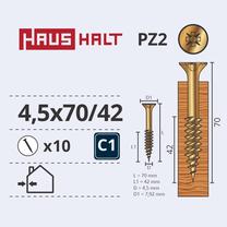 Koka skrūve, universāls Haushalt PZ2 ZN, 4.5 x 70 mm/42 mm, dzeltena krās., 10 gab.