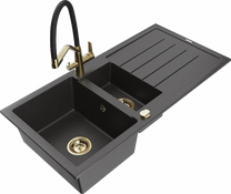 Кухонный умывальник с кухонным смесителем Mexen Andres Black granite+Black/Gold, гранит, 100 см x 50 см x 20 см, black granite+black/gold цв.