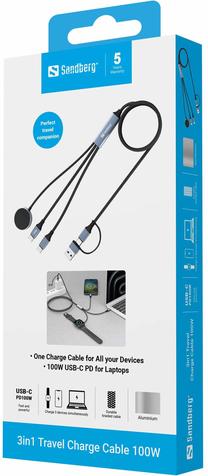 Vads Sandberg 441-69, USB Type A/3 x USB Type-C, 120 cm, melna krās., 100 W