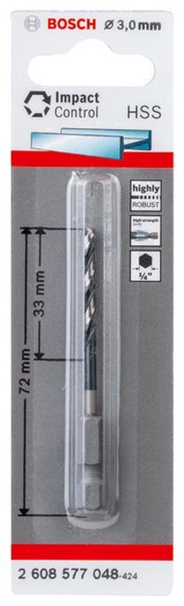 Grąžtas Bosch, metalas/plienui/aliuminiui, hss-g, šešiakampis, 3 mm x 7.2 cm