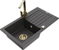 Virtuves izlietne Mexen Pablo 6510751010-76+670300-50+66911-50, granīts, 75 cm x 43 cm x 16.1 cm, black granite+gold krās.