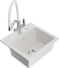 Кухонный умывальник с кухонным смесителем Mexen Milo Duo, гранит, 43.5 см x 41 см x 17.1 см, белый цв./хромовый цв.