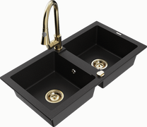 Кухонный умывальник с кухонным смесителем Mexen Mario Black+Gold, гранит, 82 см x 43 см x 16.1 см, золотой цв./черный цв.