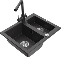 Кухонный умывальник с кухонным смесителем Mexen Carlos Black granite, гранит, 58 см x 47 см x 17.7 см, black granite цв.