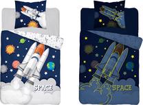Patalynės užvalkalų komplektas Detexpol Glow In The Dark Rocket PPE-93, pilka sp./tamsiai mėlyna sp., 70 x 80 cm, 160 x 200 cm
