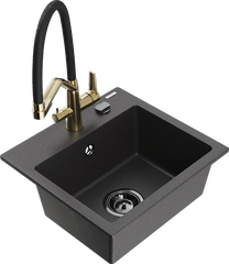 Кухонный умывальник с кухонным смесителем Mexen Milo Black granite+Black/Gold, гранит, 43 см x 41 см x 17.1 см, black granite+black/gold цв.