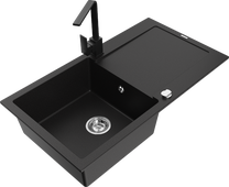 Кухонный умывальник с кухонным смесителем Mexen Leo, смола/гранит, 80 см x 50 см x 19 см, черный цв.