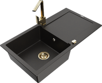 Кухонный умывальник с кухонным смесителем Mexen Leo Metallic black/gold+Gold, гранит, 90 см x 50 см x 19 см, metallic black/gold+gold цв.