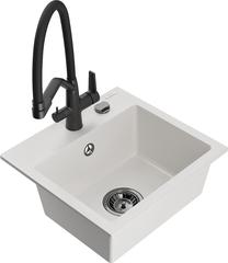 Кухонный умывальник с кухонным смесителем Mexen Milo Duo, гранит, 43.5 см x 41 см x 17.1 см, белый цв./черный цв.