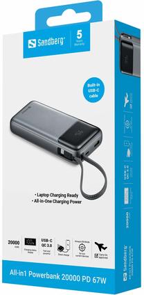Lādētājs-akumulators (Power bank) Sandberg All-in 1, 20000 mAh, 22.5 - 65 W, pelēka krās.