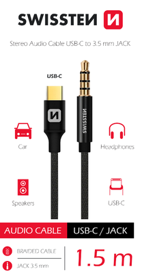 Adapteris Swissten Textile Audio 73501303 USB Type-C, 3.5 mm, 1.5 m, melna krās.