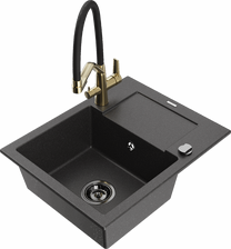 Кухонный умывальник с кухонным смесителем Mexen Enzo Black granite+Black/Gold, смола/гранит, 57.6 см x 46.5 см x 17.4 см, белый цв./черный цв.
